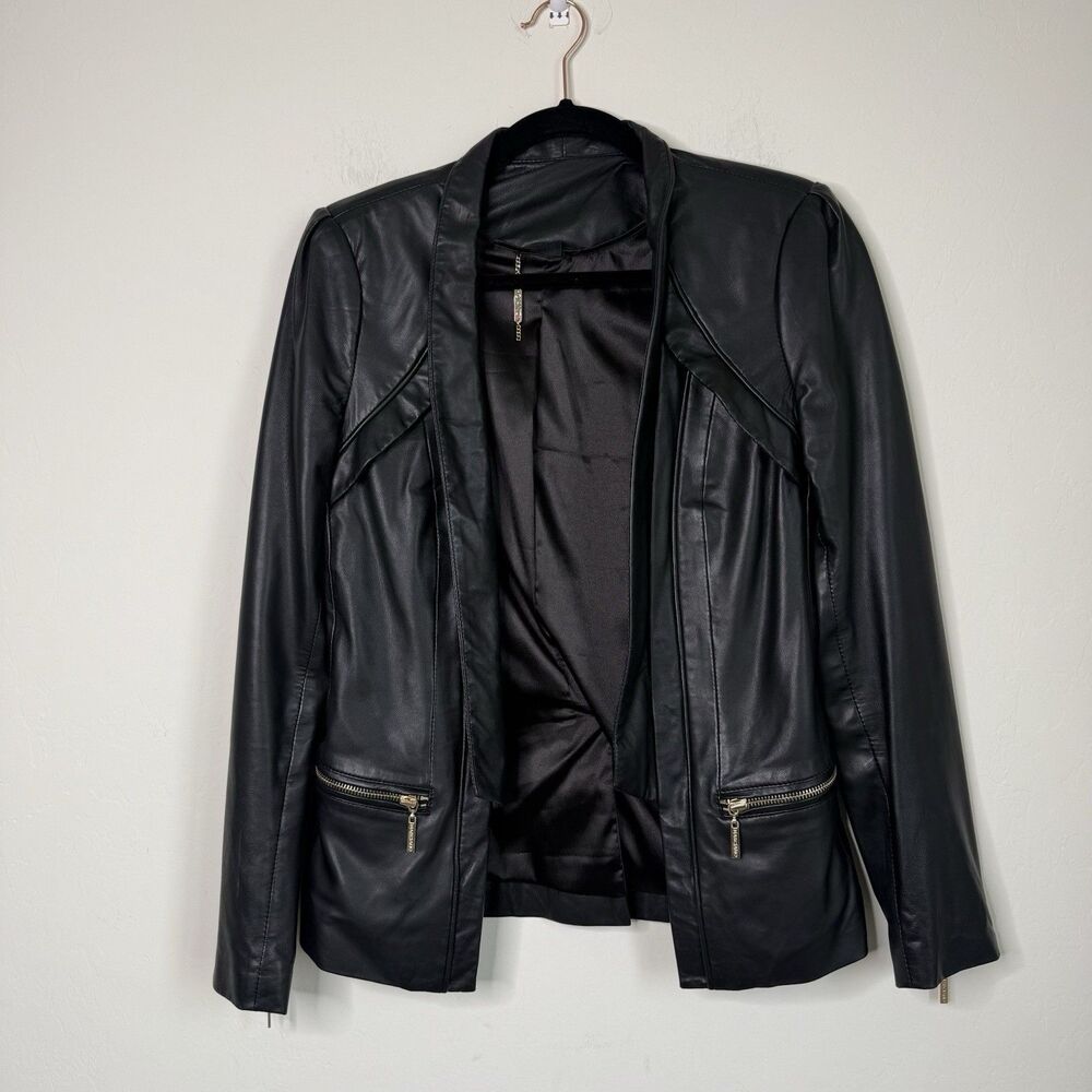 Marciano Guess Vintage Black Lamb Leather Jacket Womens Small Moto Biker Short